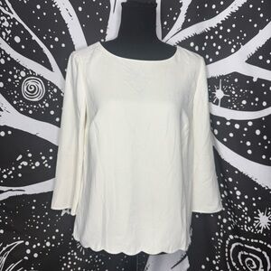 Talbots Ivory / Cream Crewneck 3/4 Sleeve Scallop Hem Blouse Top